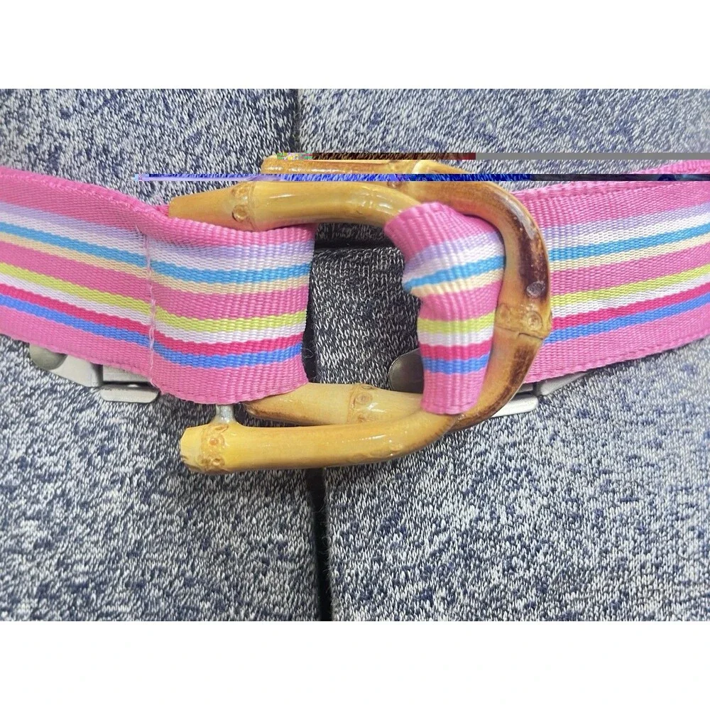 Vintage 1970s Preppy Nautical Pink Rainbow Stripe Belt W/Bamboo Buckle 39”